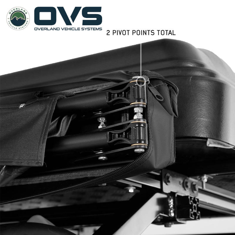 Image highlighting the two pivot points total on an OVS awning, detailing the robust hinge mechanism that allows for folding and deployment.