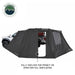 Image of OVS XD Nomadic 180 LTE awning walls shown half enclosed and half open, black fabric with mesh window panel demonstrating privacy and ventilation, side view on a white background.