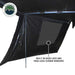 Image showcasing the dimensions of a black travel cover for an Overland Vehicle Systems awning, measuring 88" long, 8" high on one end, and 7" high on the other, with the Overland logo visible on the side. The "Overland Vehicle Systems" logo is in the top left corner