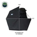 Image showcasing a black Overland Vehicle Systems 270-degree awning fully deployed, displaying 129 square feet of coverage with a width of 240 inches at its widest point and a depth of 157 inches from the vehicle. The awning is shown from an aerial perspective on a white background