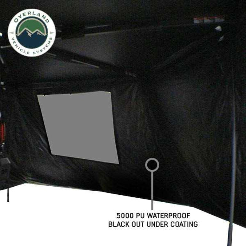 Image displaying a close-up of a tie-down point on an Overland Vehicle Systems awning, highlighting additional tie-down points for water run-off to prevent puddling during storms. These points are available for free-standing use or with a structured pole setting