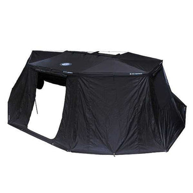 Image of an Overland Vehicle Systems 270-degree awning wall kit, fully enclosed in black fabric with an opening for entry, shown against a white background. This kit provides complete enclosure around an existing awning for added protection and privacy