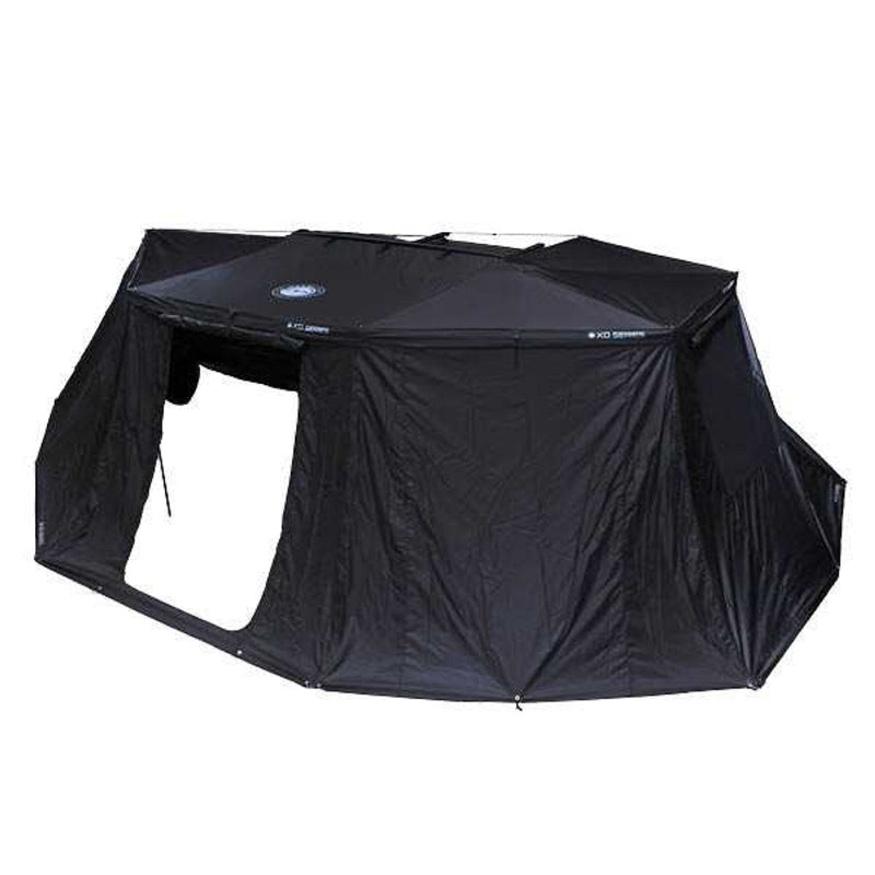 Image of an Overland Vehicle Systems 270-degree awning wall kit, fully enclosed in black fabric with an opening for entry, shown against a white background. This kit provides complete enclosure around an existing awning for added protection and privacy