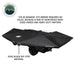 Image displaying a black XD Nomadic 270 awning, featuring 320G black rip stop material, shown partially open and mounted on a vehicle with its support structure visible underneath. The text indicates it requires no poles due to reinforced oversized hinges and heavy-duty rafters
