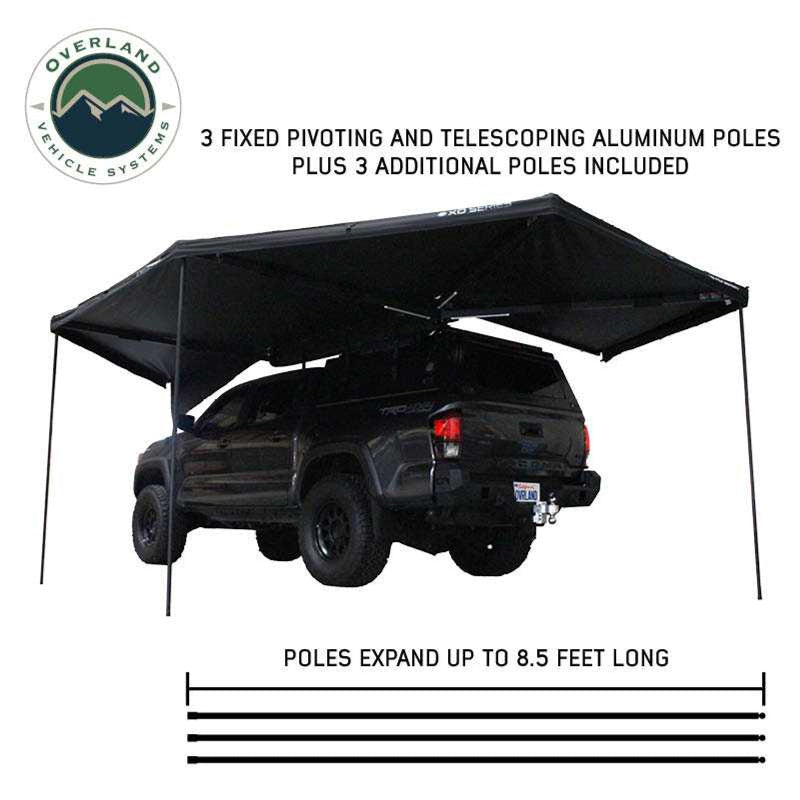 Image showcasing an 8.5ft tubular telescoping hook-on ladder, partially inside its olive green storage bag, designed for an Overland Vehicle Systems tent. The "Overland Vehicle Systems" logo is in the top left corner, all on a white background