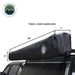 Image displaying a black Overland Vehicle Systems 270-degree awning fully deployed from the side of a dark grey pickup truck, with three fixed pivoting and telescoping aluminum poles that expand up to 8.5 feet long providing support. The "Overland Vehicle Systems" logo is in the top left corner