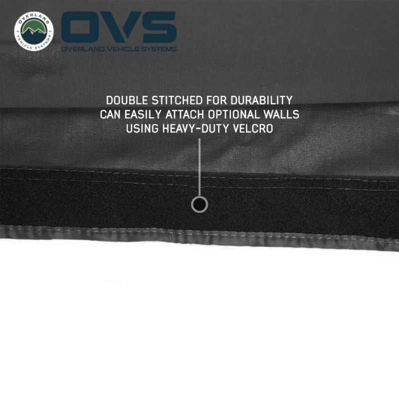 Image of a close-up of an OVS XD Nomadic 270 LTE awning edge showing double-stitched black fabric with heavy-duty Velcro for attaching optional walls, displayed in detail on a white background.
