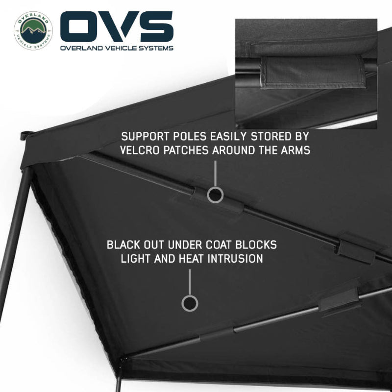 Image of an OVS XD Nomadic 270 LTE awning showing black fabric with blackout undercoat and Velcro-secured support poles stored along the arms, displayed in angled underside view on a white background.