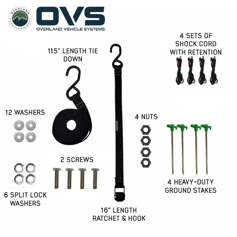Image of included OVS XD Nomadic 270 LTE awning hardware and accessories, featuring tie-down straps, ratchet strap, shock cords, ground stakes, washers, nuts, and screws, neatly displayed on a white background.