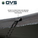 Image of a close-up of an OVS XD Nomadic 270 LTE awning showing a reinforced tie-down point with attached guy line on black fabric, displayed in detail on a white background.