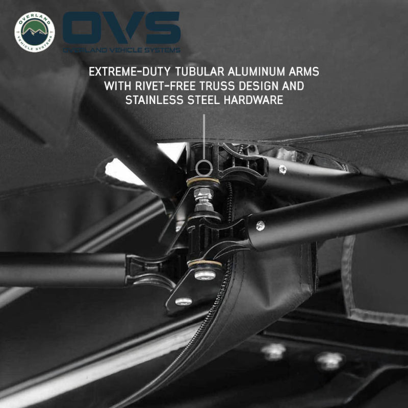 Image of a close-up of an OVS XD Nomadic 270 LTE awning showing extreme-duty tubular aluminum arms with rivet-free truss design and stainless steel hardware, displayed in detail on a white background.