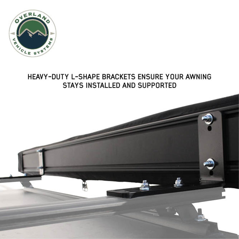 Image of the Nomadic Awning showing a close-up of the heavy-duty L-shape bracket and mounting hardware, used to secure the awning in its black travel cover