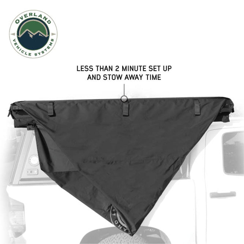 Image of the Nomadic Awning partially stowed, showing the black fabric and highlighting the quick two-minute set up and stow away time