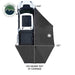 Top-down view of a white SUV with an OVS Nomadic Awning fully deployed, showcasing its full coverage area. The black awning has dimensions and square footage measurements overlaid on the image to highlight the large covered space