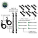 Top-down product shot of the OVS Nomadic Awning's included accessories. The image displays two ballistic nylon tie-down straps with dimensions, six shock cord sets, and six heavy-duty ground stakes, all laid out on a white background with descriptive text