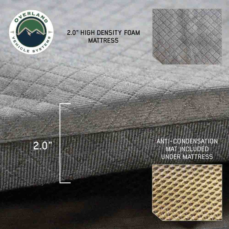 Image detailing the bedding components of an Overland Vehicle Systems rooftop tent, showing a 2.0" high-density foam mattress with a quilted top, and an anti-condensation mat included underneath it, with close-up swatches of both materials. The "Overland Vehicle Systems" logo is in the top left corner