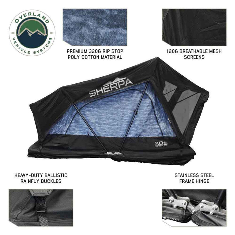 
Image displaying an Overland Vehicle Systems Sherpa Roof Top Tent, fully deployed with a black exterior and blue patterned interior, highlighting its premium 320G rip-stop poly-cotton material, 120G breathable mesh screens, heavy-duty ballistic rainfly buckles, and stainless steel frame hinge. The tent is shown angled on a white background with close-ups of each feature