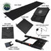 Image showcasing various accessories for an Overland Vehicle Systems rooftop tent, including a dog ramp, shoe bags, floor mat, an included wrap with ties, additional small storage, a USB cable for an LED light, and a 91" telescoping ladder, all laid out on a white background