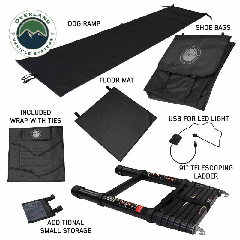 Image showcasing various accessories for an Overland Vehicle Systems rooftop tent, including a dog ramp, shoe bags, floor mat, an included wrap with ties, additional small storage, a USB cable for an LED light, and a 91" telescoping ladder, all laid out on a white background