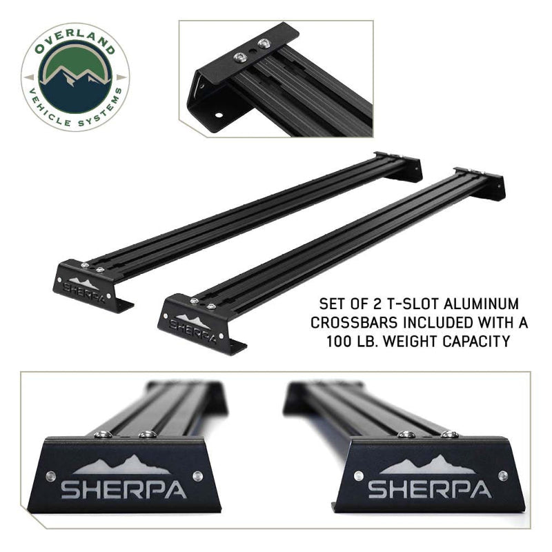 Image showing a set of two black Sherpa T-slot aluminum crossbars, each with a 100 lb. weight capacity, and close-up views of their mounting hardware and "SHERPA" branding. The "Overland Vehicle Systems" logo is in the top left corner, all on a white background