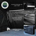 Image detailing the interior features of a black rooftop tent, highlighting a Velcro-attached LED light strip, a blackout interior coating to block light, and various interior storage options. The "Overland Vehicle Systems" logo is in the top left corner, all on a white background