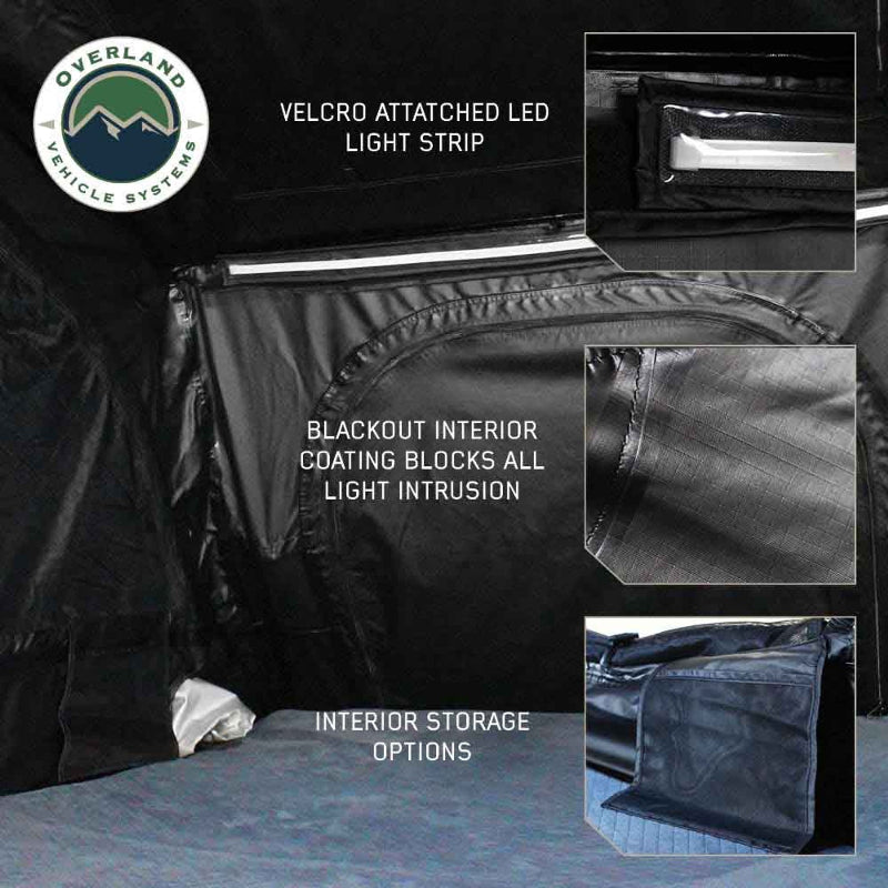 Image detailing the interior features of a black rooftop tent, highlighting a Velcro-attached LED light strip, a blackout interior coating to block light, and various interior storage options. The "Overland Vehicle Systems" logo is in the top left corner, all on a white background