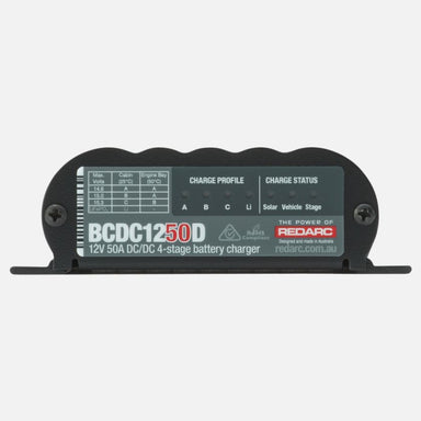 Image of the front face of a REDARC BCDC Classic 50A Battery Charger on a gray background. The product's label is visible, showing the model number BCDC1250D, charge profiles, and charge status indicators