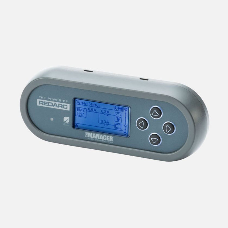 Image of the REDARC Manager30 battery management system's remote display, showing "Output Status" with 0.0A and 0.3A readings, and the "BMS 1230" status, on a white background