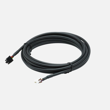 Image of remote head wiring kit with coiled black extension cable and multi-pin connectors, angled top view on white background.