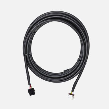 Image of extended remote head wiring harness with long coiled black cable and multi-pin plug connectors, angled top view on white background.