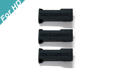 Image of RacksBrax HD holder mounting brackets in black with embossed logo, three units stacked vertically in top view on white background.