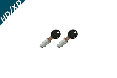 Image of HDXD locking cylinder set with two keyed barrel locks and black plastic key heads, front angled view on white background.