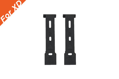 Image of RacksBrax XD holder mounting plates in black with elongated slot cutouts, front view of two brackets side by side on white background.