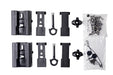 Image of RACKSBARX HD HITCH components laid out on a white background, including two main black bracket units, various smaller black attachment pieces, two black thumb screws, a clear bag of nuts and bolts, and a clear bag with keys and lanyards.