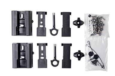 Image of RACKSBARX HD HITCH components laid out on a white background, including two main black bracket units, various smaller black attachment pieces, two black thumb screws, a clear bag of nuts and bolts, and a clear bag with keys and lanyards.