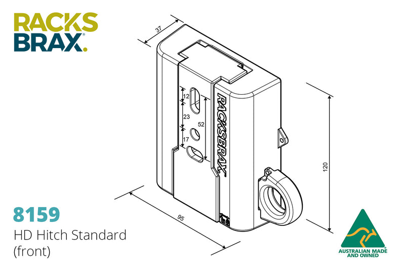 Image of a technical diagram for the RACKS BRAX HD Hitch Standard (front) model 8159, showing various dimensions in millimeters on a white background with the "AUSTRALIAN MADE AND OWNED" logo.