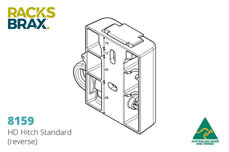 Image of a technical diagram for the RACKS BRAX HD Hitch Standard (reverse) model 8159, showing internal and external dimensions in millimeters on a white background with the "AUSTRALIAN MADE AND OWNED" logo.