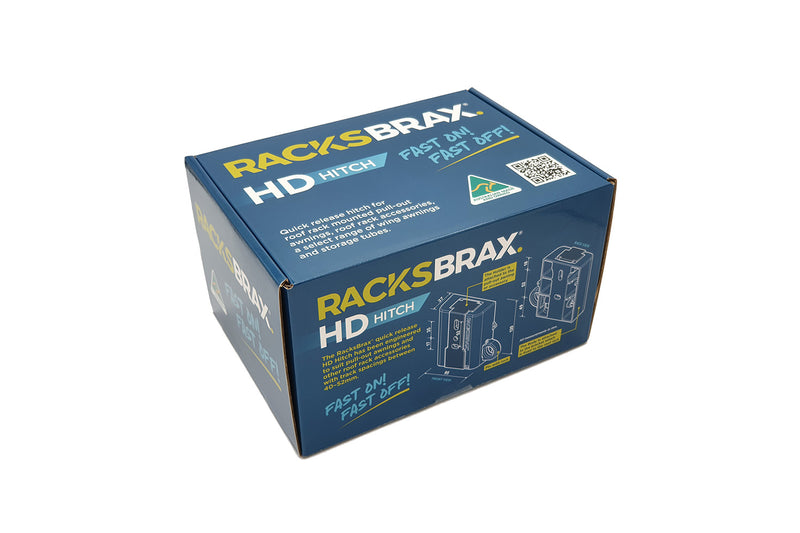 Image of a blue RACKS BRAX HD HITCH product box with white and yellow text, an "Australian Made and Owned" logo, and diagrams of the product, angled on a white background.