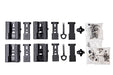 Image of various black RACKS BRAX components, including four brackets, four inserts, two keys, two release levers, two locking knobs, and two bags of assorted metal hardware, all laid out on a white background.