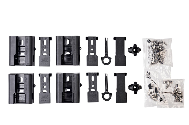 Image of various black RACKS BRAX components, including four brackets, four inserts, two keys, two release levers, two locking knobs, and two bags of assorted metal hardware, all laid out on a white background.