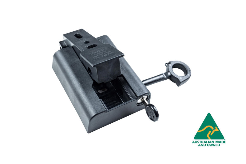 Image of a single black RACKS BRAX HD HITCH component with a key inserted, an Australian Made and Owned logo in the bottom right, angled on a white background.