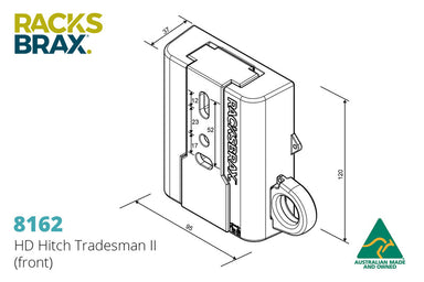 Image of a RACKS BRAX HD Hitch Tradesman II (front) technical drawing with dimensions in millimeters, an Australian Made and Owned logo, and the RACKS BRAX logo in the top left corner.