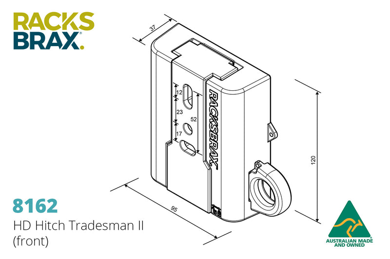 Image of a RACKS BRAX HD Hitch Tradesman II (front) technical drawing with dimensions in millimeters, an Australian Made and Owned logo, and the RACKS BRAX logo in the top left corner.