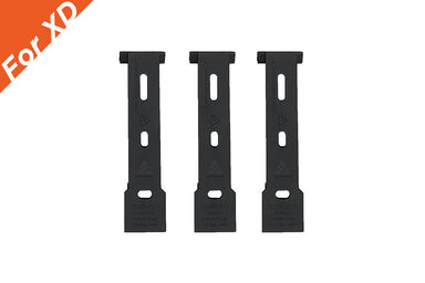 Image of three black RacksBrax XD holder mounting brackets with slotted cutouts, front view displayed side by side on white background.