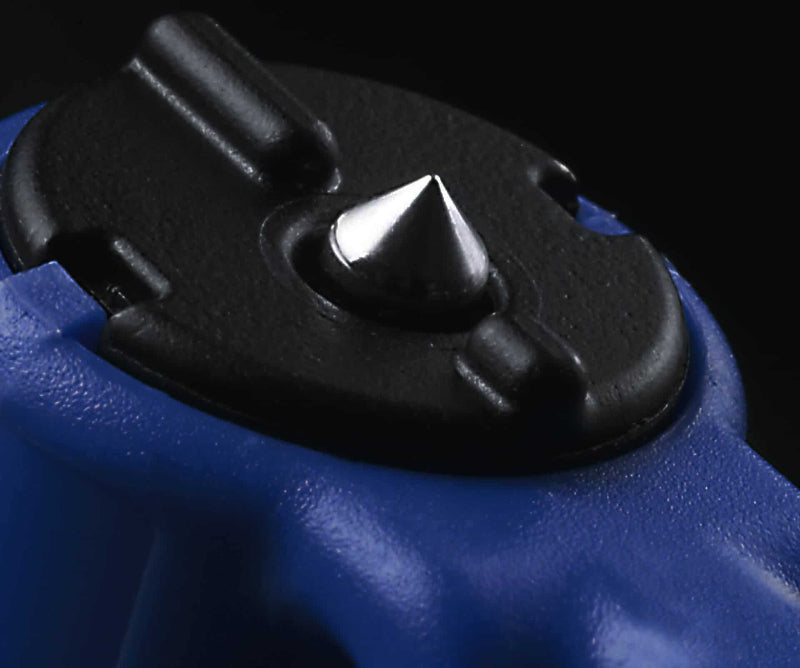 Image is a close-up of the blue Resqme tool, highlighting the silver pointed tip designed for breaking car windows.