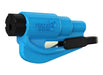 Image of a Resqme keychain car escape tool, bright blue with black components, angled front and side view on a white background.