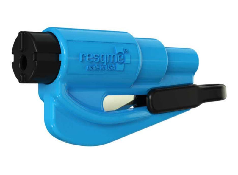 Image of a Resqme keychain car escape tool, bright blue with black components, angled front and side view on a white background.