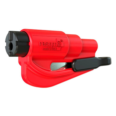 Image of a Resqme keychain car escape tool, bright red with black components, angled front and side view on a white background.