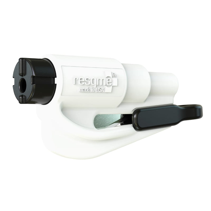 Image of a Resqme keychain car escape tool, white with black components, angled front and side view on a white background.