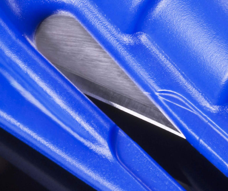 Image is a close-up of the blue Resqme tool, highlighting the silver blade used for cutting seatbelts.